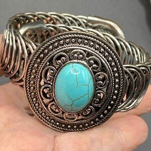 Silver Tone Coiled Wire Faux Turquoise Cabochon Bracelet Western Bohemian